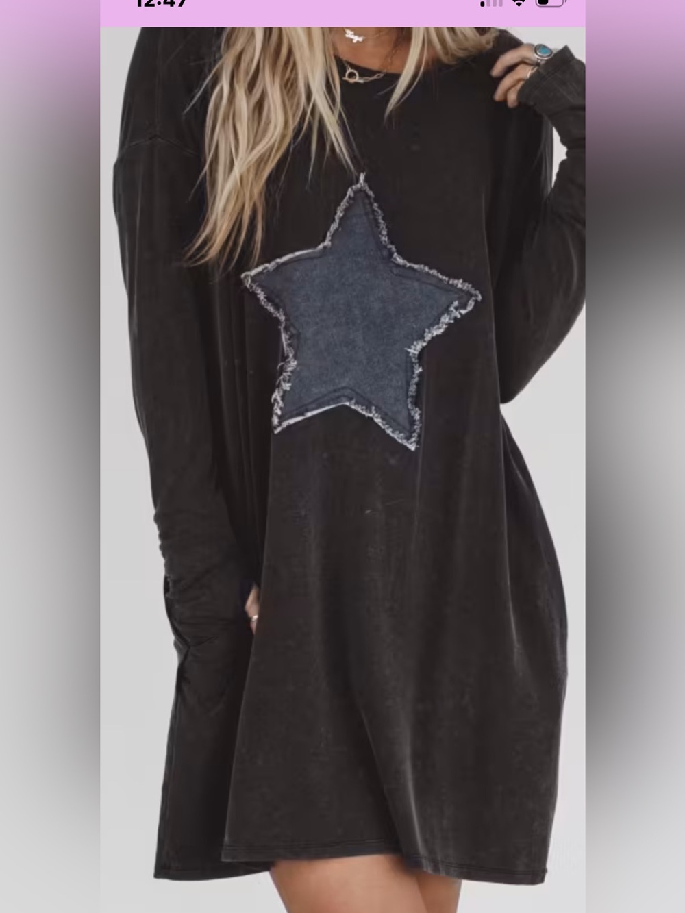 Denim patch long sleeve T-Shirt dress L
